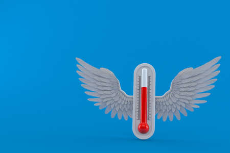 Thermometer with angel wings isolated on blue background. 3d illustration