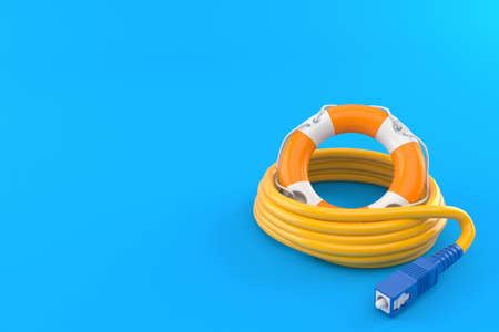 Life buoy with optical cable isolated on blue background. 3d illustration