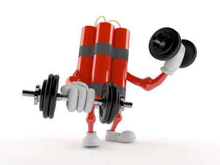 Dynamite character with dumbbells isolated on white background. 3d illustration