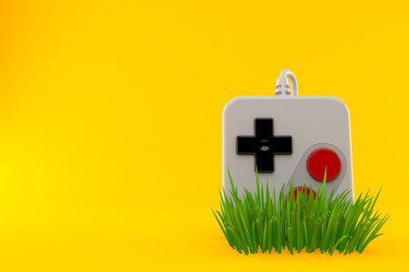 Gamepad on grass isolated on orange background. 3d illustration