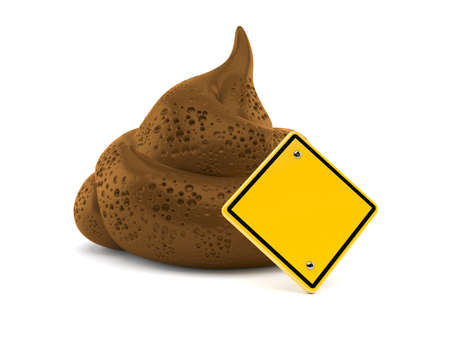 Dung poo with blank road sign isolated on white background. 3d illustration