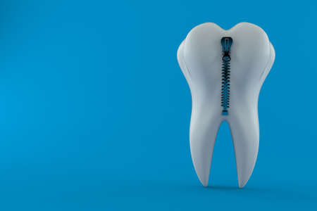 Tooth with zipper isolated on blue background. 3d illustration
