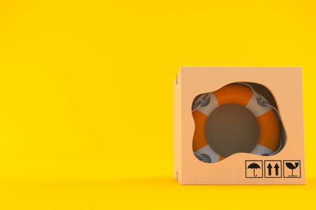 Life buoy inside package isolated on orange background. 3d illustration