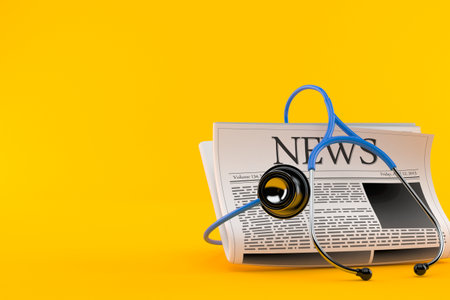 Newspaper with stethoscope isolated on orange background. 3d illustrationの写真素材