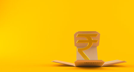 Rupee currency symbol inside package isolated on orange background. 3d illustrationの写真素材