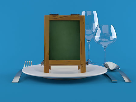 Wooden blackboard with plate and cutlery isolated on blue background. 3d illustrationの写真素材