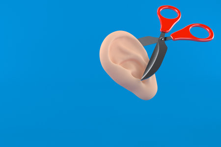 Ear with scissors isolated on blue background. 3d illustrationの写真素材