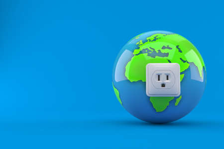 World globe with electric outlet isolated on blue background. 3d illustration