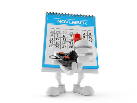 Calendar character holding retro joystick isolated on white background. 3d illustrationの写真素材