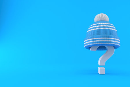 Question mark with winter hat isolated on blue background. 3d illustrationの写真素材