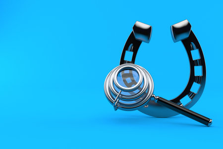 Horseshoe with magnifying glass isolated on blue background. 3d illustrationの写真素材