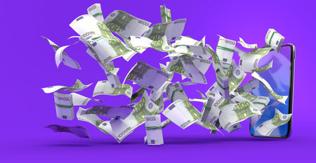Euro currency fly of the smartphone on violet background. 3d illustrationの写真素材