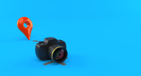 Camera with position marker isolated on blue background. 3d illustrationの写真素材
