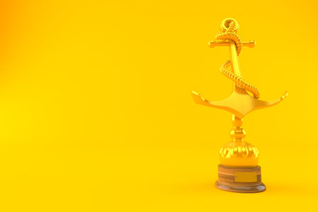Anchor golden trophy isolated on orange background. 3d illustrationの写真素材