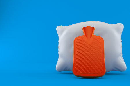 Hot water bottle with pillow isolated on blue background. 3d illustrationの写真素材