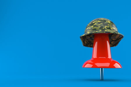 Thumbtack with military helmet isolated on blue background. 3d illustration