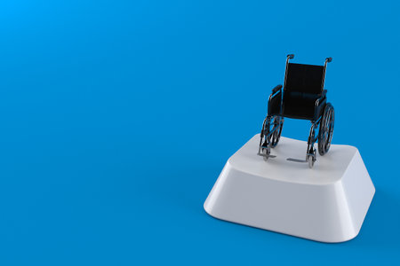 Wheelchair on computer key isolated on blue background. 3d illustration