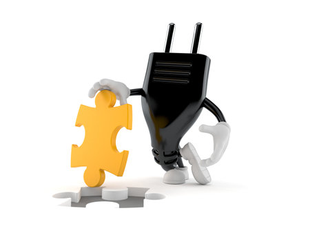 Electric plug character with jigsaw puzzle isolated on white background. 3d illustration