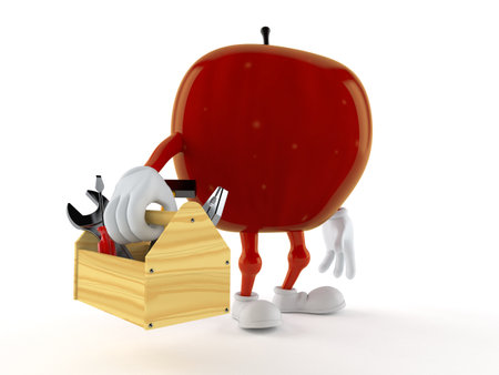 Apple character holding toolbox isolated on white background. 3d illustrationの写真素材