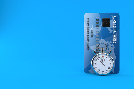 Credit card with stopwatch isolated on blue background. 3d illustration