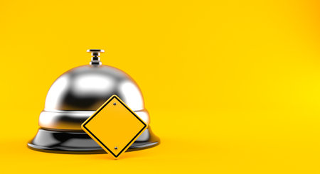 Hotel bell with blank road sign isolated on orange background. 3d illustration