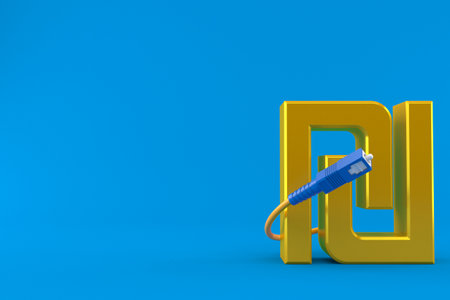 Shekel currency with optic cable isolated on blue background. 3d illustration