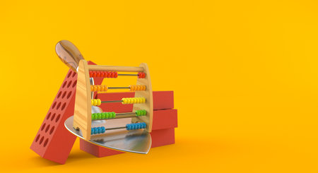 Wooden abacus with trowel and bricks isolated on orange background. 3d illustrationの写真素材