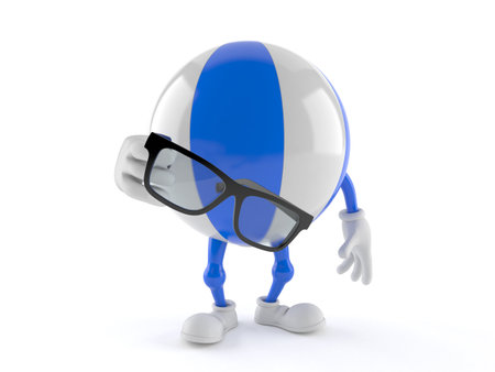 Beach ball character holding glasses isolated on white background. 3d illustrationの写真素材