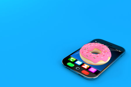 Donut on smartphone isolated on blue background. 3d illustrationの写真素材