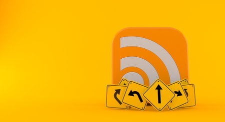RSS icon with road signs isolated on orange background. 3d illustration