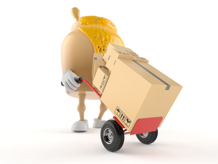 Honey jar character with hand truck isolated on white background. 3d illustrationの写真素材