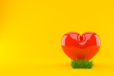 Heart on grass isolated on orange background. 3d illustrationの写真素材
