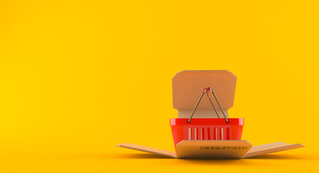 Shopping basket inside package isolated on orange background. 3d illustrationの写真素材
