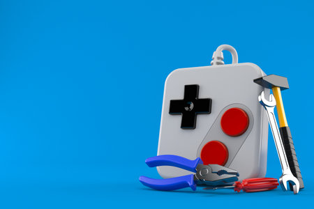 Gamepad with work tools isolated on blue background. 3d illustration