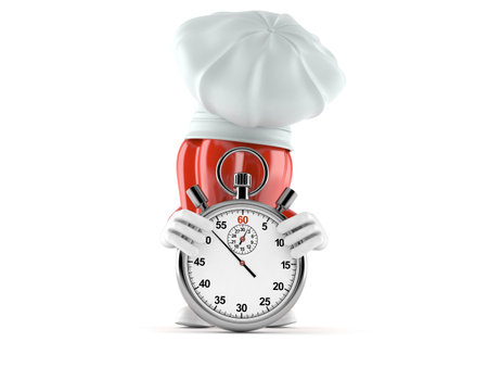 Red pepper character with stopwatch isolated on white background. 3d illustrationの写真素材