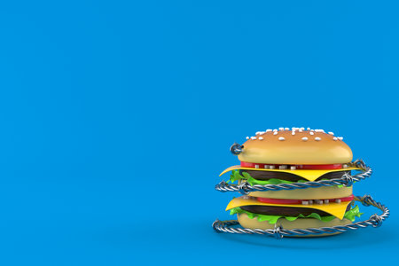 Cheeseburger with barbed wire isolated on blue background. 3d illustrationの写真素材
