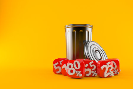 Trash can with percent symbols isolated on orange background. 3d illustrationの写真素材