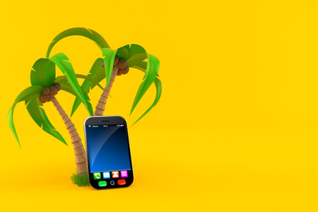 Smartphone with palm trees isolated on orange background. 3d illustrationの写真素材