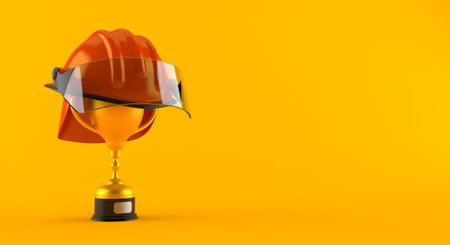 Golden trophy with fireman helmet isolated on orange background. 3d illustrationの写真素材