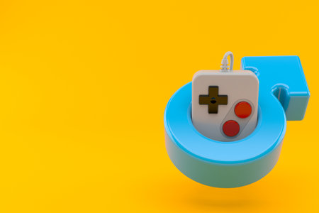 Gamepad inside male gender symbol isolated on orange background. 3d illustrationの写真素材