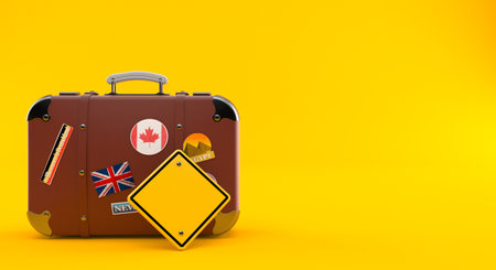 Travel case with blank road sign isolated on orange background. 3d illustrationの写真素材