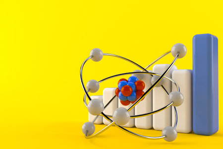 Atom model with chart isolated on orange background. 3d illustrationの写真素材