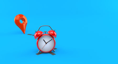 Alarm clock with position marker isolated on blue background. 3d illustrationの写真素材