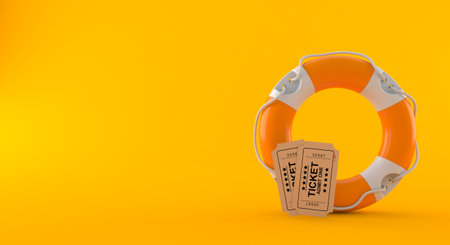 Life buoy with tickets isolated on orange background. 3d illustrationの写真素材