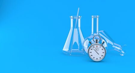 Chemistry flasks with stopwatch isolated on blue background. 3d illustration