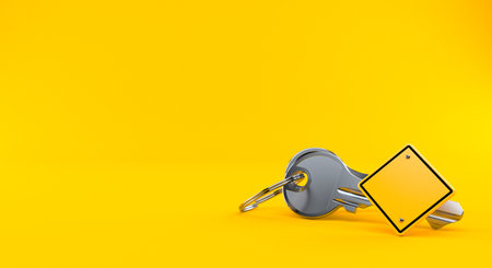 Door keys with blank road sign isolated on orange background. 3d illustrationの写真素材