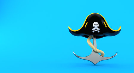 Anchor with pirate hat isolated on blue background. 3d illustrationの写真素材