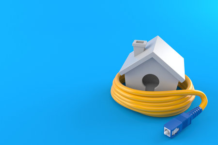 Small house with optic cable isolated on blue background. 3d illustrationの写真素材