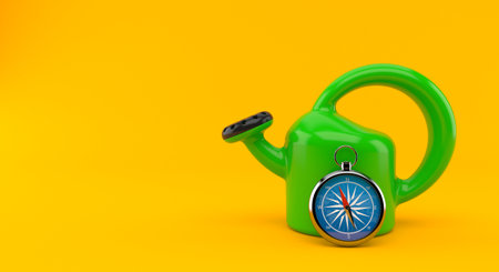 Watering can with compass isolated on orange background. 3d illustrationの写真素材