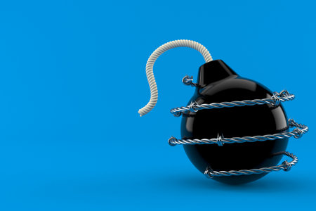 Bomb with barbed wire isolated on blue background. 3d illustrationの写真素材
